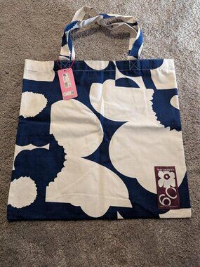 Marimekko Unikko Kollaasi 60th Anniversary Tote Bag Navy Cream